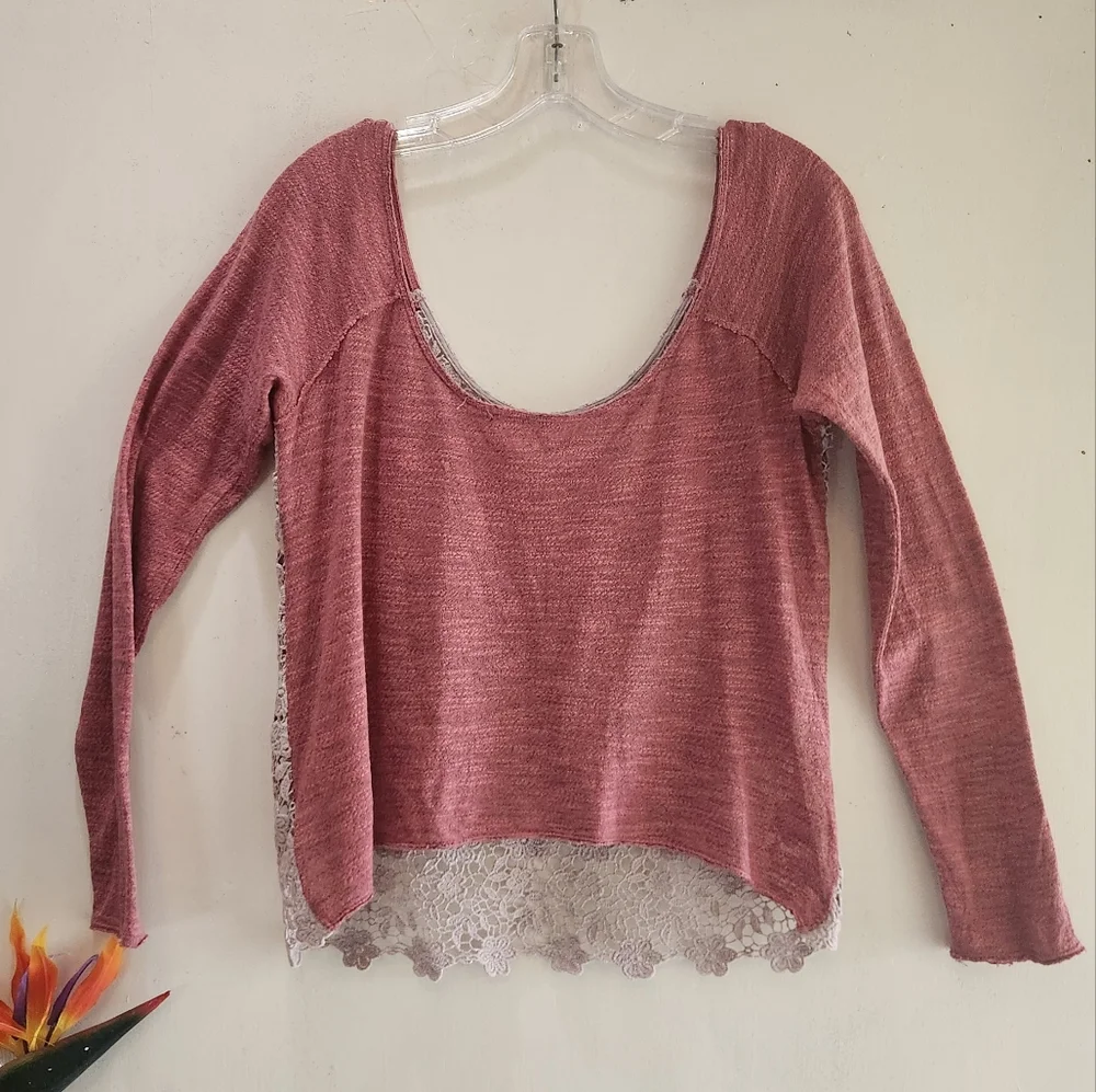 Free People Crochet Daisy Lace Ragland Long Sleeves Scoop Neck Top